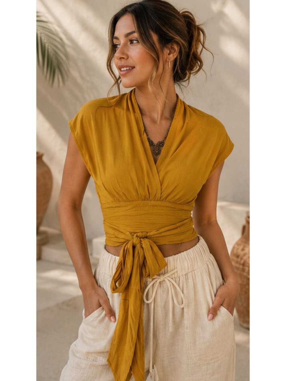 New  Mustard Wrap Halter Top One Size | Boho Festival |Crop